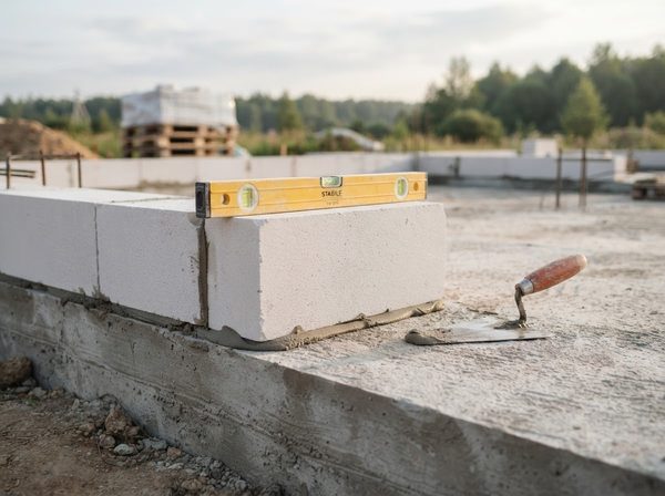 Кладка первого ряда газобетонных блоков, сверху строительный уровень