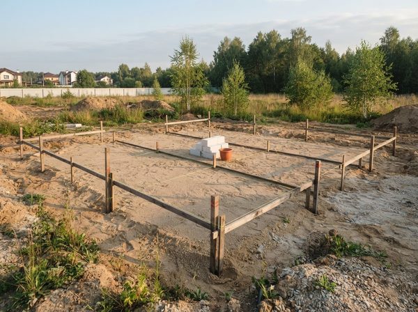 Разметка осей колышками и шнуром на расчищенной площадке